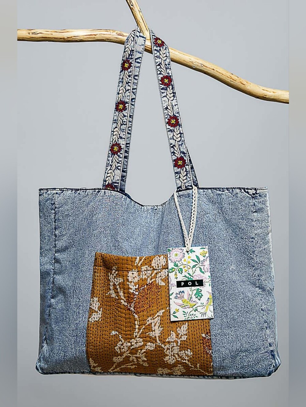 POL Denim Embroidered Tote Bag with Floral Patch Pocket